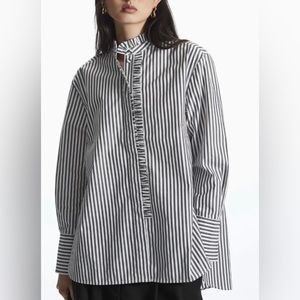 COS size 4 Blouse/shirt, Button front, Ruffle collar, gray stripes, 100% cotton